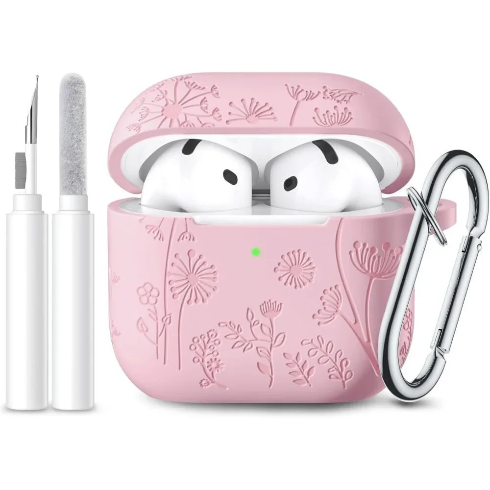 Women's Apple Airpods Flower Engraved Case Compatible Cleaner Kit Keychain Bag